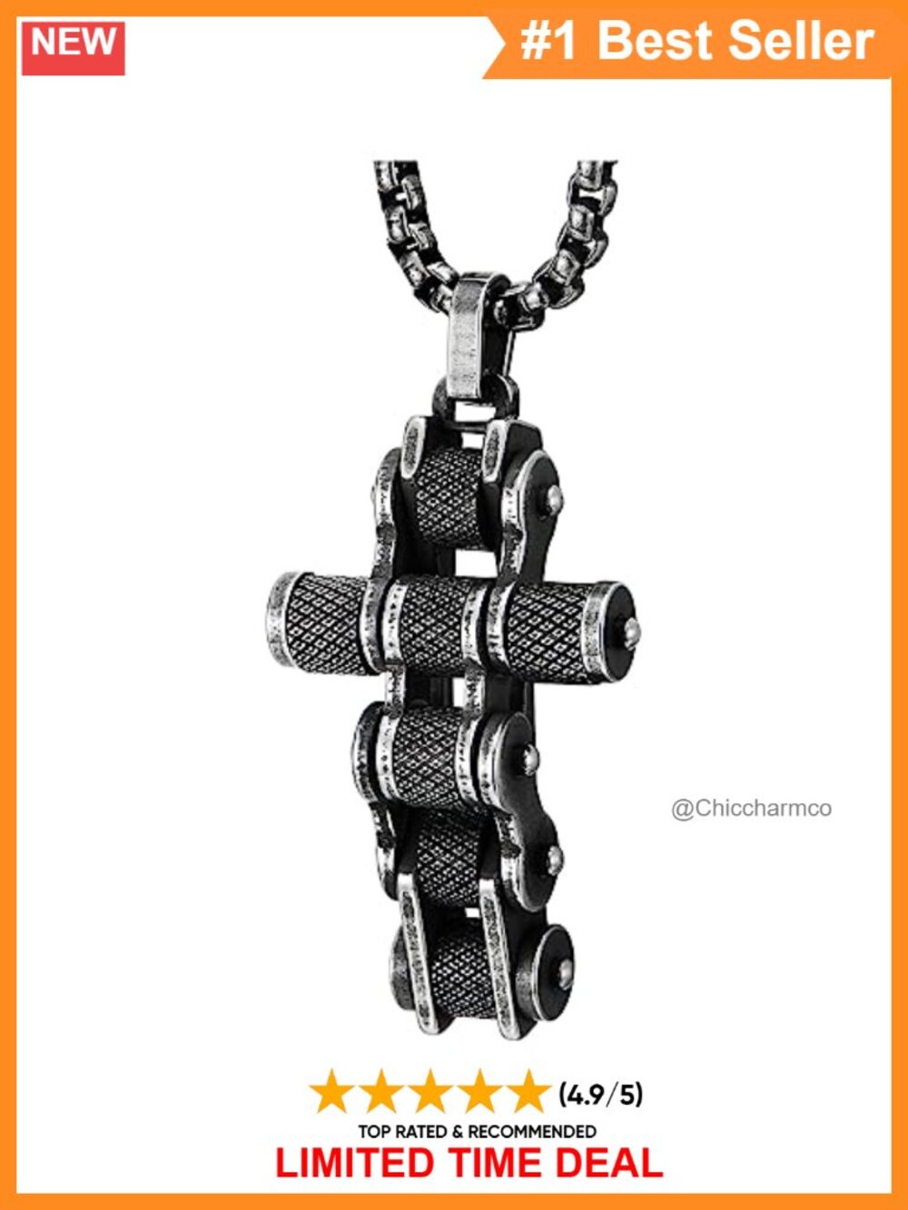 Stainless Steel Bike Chain Cross Pendant Necklace Men Biker Punk